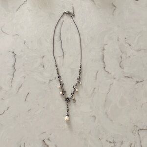 Delicate Silver Pearl Drop Necklace with Floral Accents